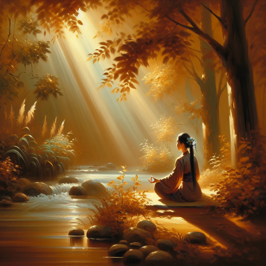 Person practicing meditation in a serene natural environment representing universal harmony and emotional balance