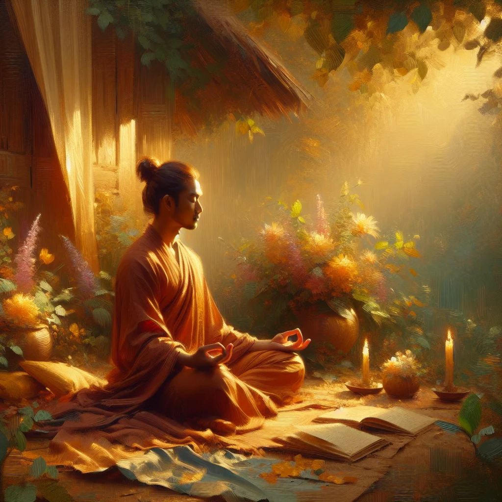 Peaceful meditator in a calm environment with symbolic representation of meditation effect on the brain