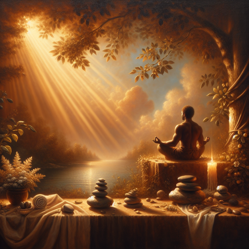 Individual practicing emotional balance techniques in tranquil natural setting