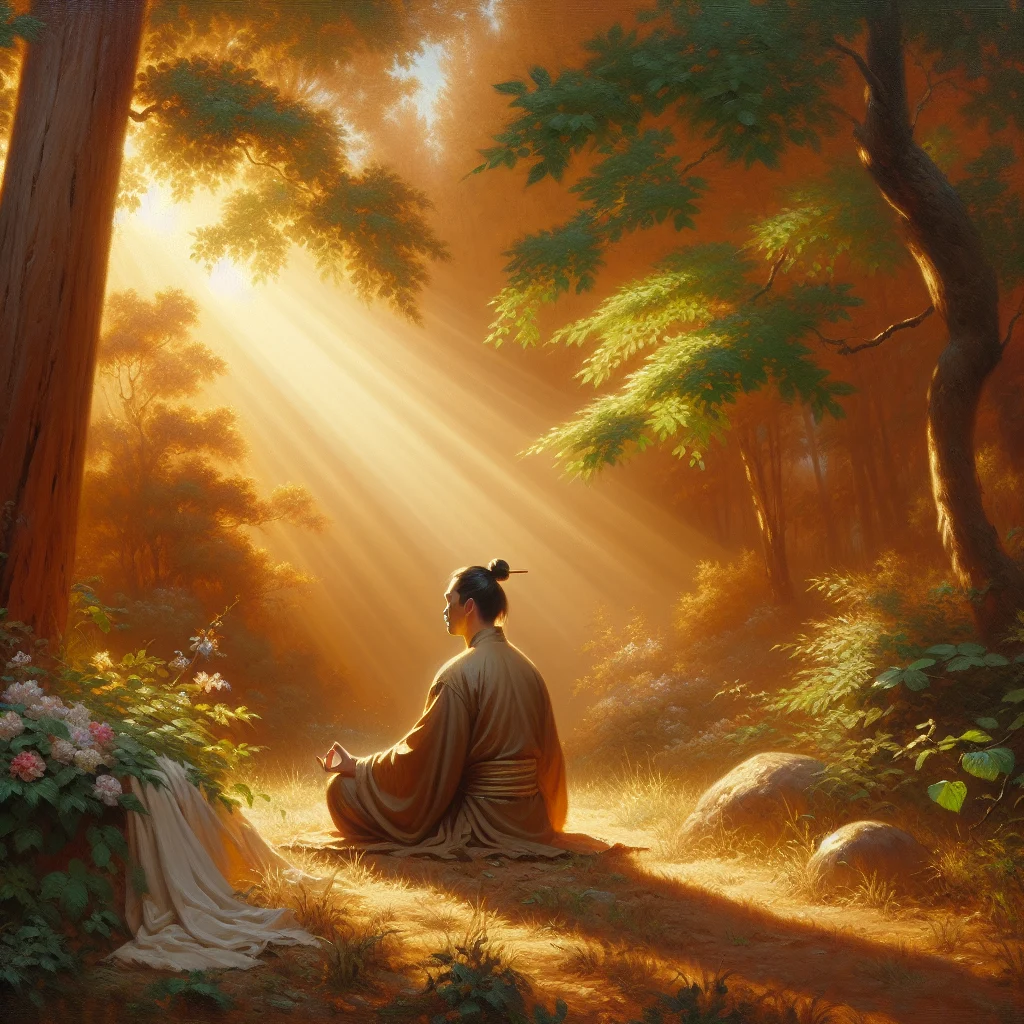 Person sitting in peaceful meditation outdoors surrounded by trees and nature to calm the mind