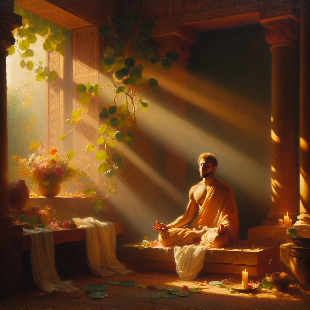 Person practicing meditation in a calm, serene indoor setting with natural lighting