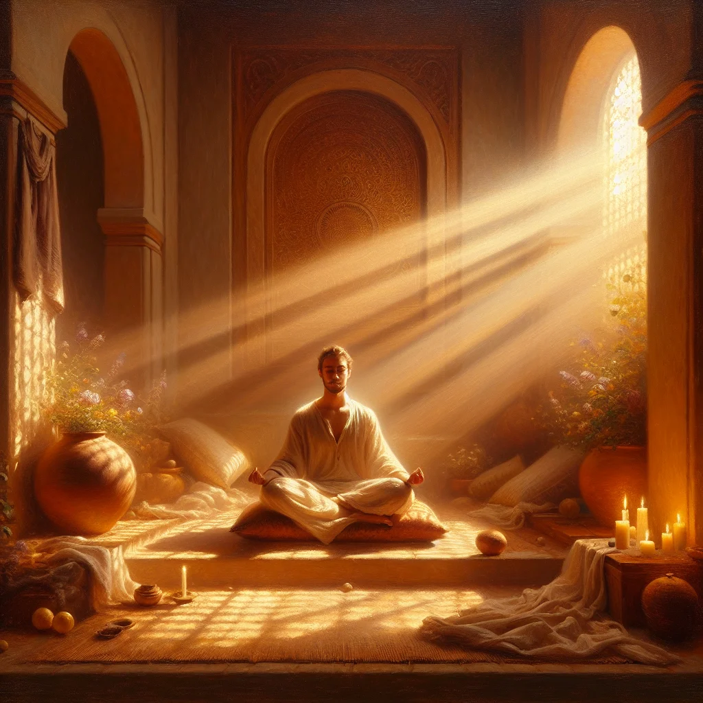 Person sitting in peaceful self reflection meditation with eyes closed in a calm indoor environment