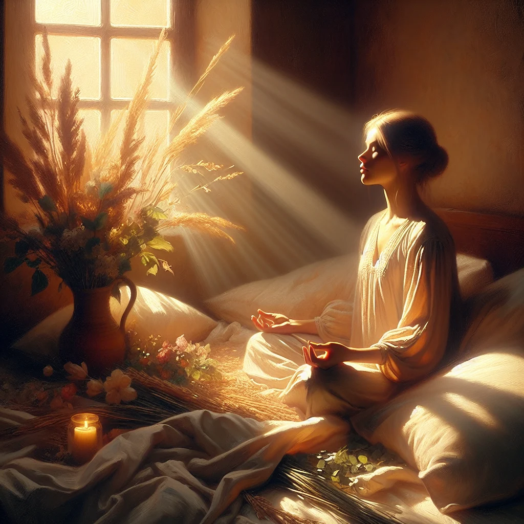 Person sitting peacefully in bed practicing on awakening meditation in morning light
