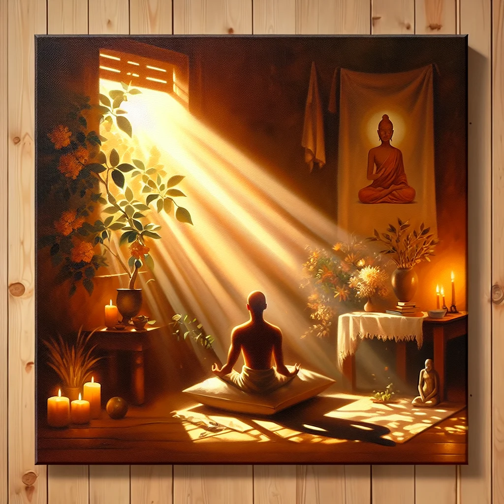 Person practicing Buddhist meditation YouTube session in peaceful home setting with Buddha statue