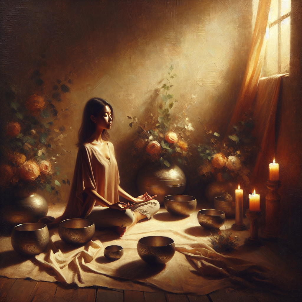 Person sitting in lotus position meditating surrounded by multiple crystal singing bowls in serene environment