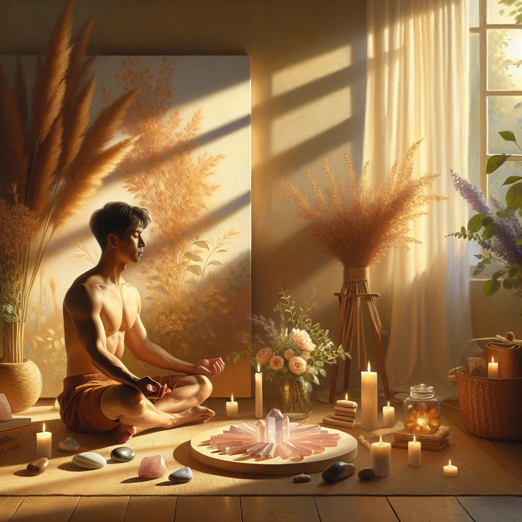 Person sitting in meditation pose with healing crystals arranged around them on a yoga mat