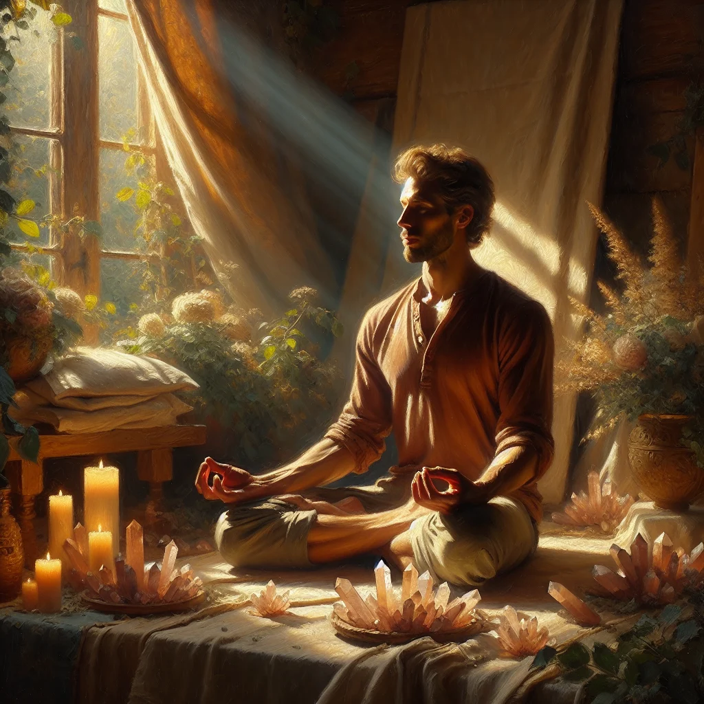 person-meditating-with-focus-crystals Person sitting in meditation pose with focus-enhancing crystals including fluorite and clear quartz arranged in front