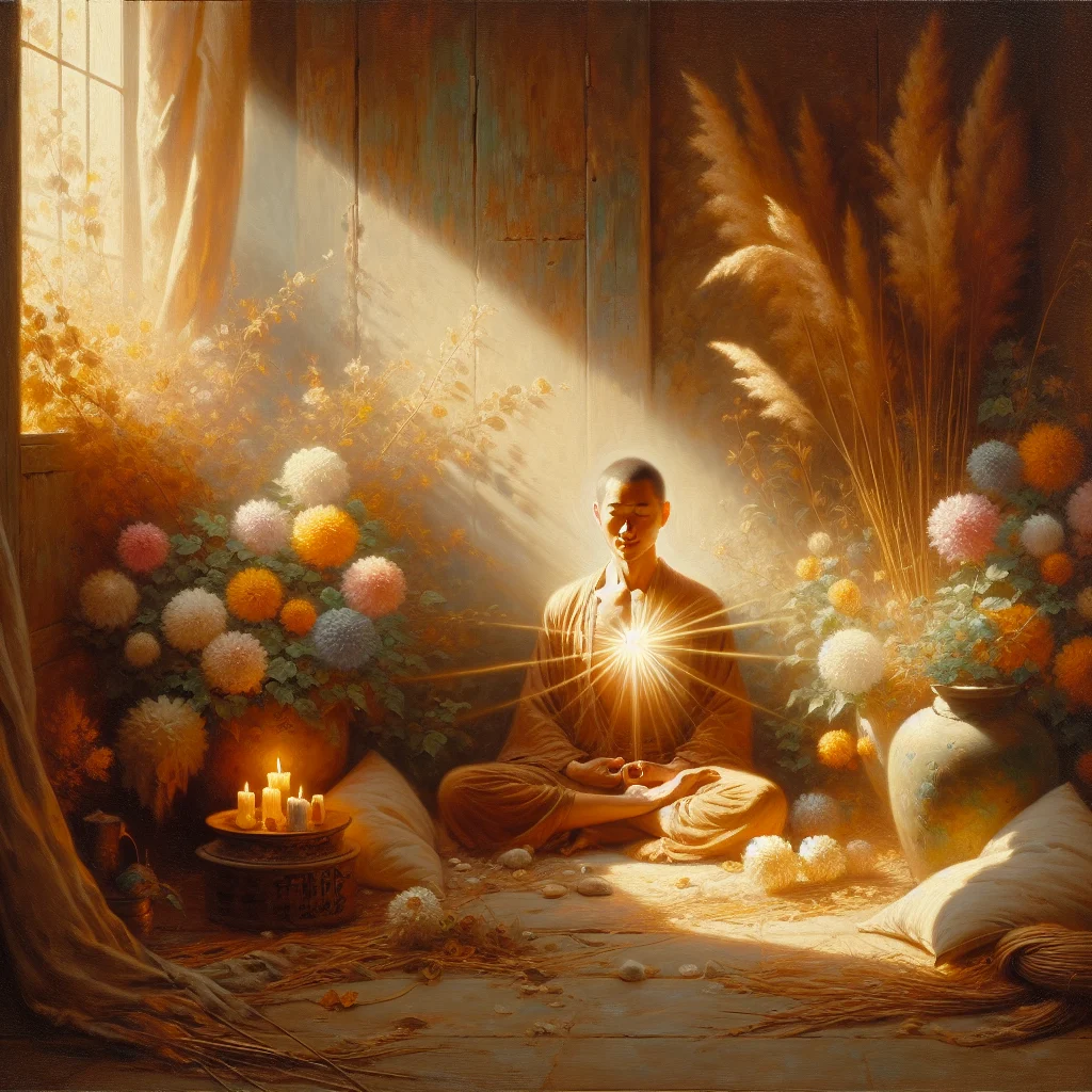 Person sitting in meditation pose surrounded by soft healing energy and light representing neo emotional healing practices