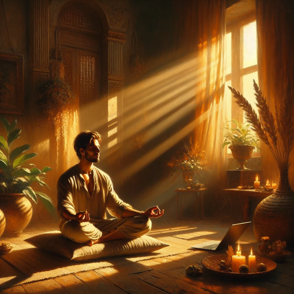 Person sitting peacefully in meditation posture following an online guided meditation class on their laptop