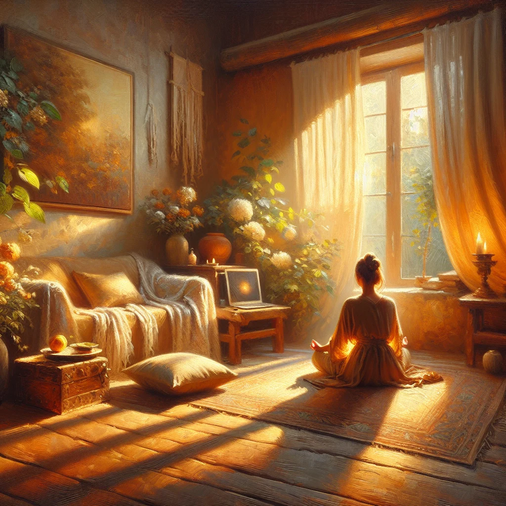 Beginner practicing YouTube meditation at home with laptop showing guided meditation video