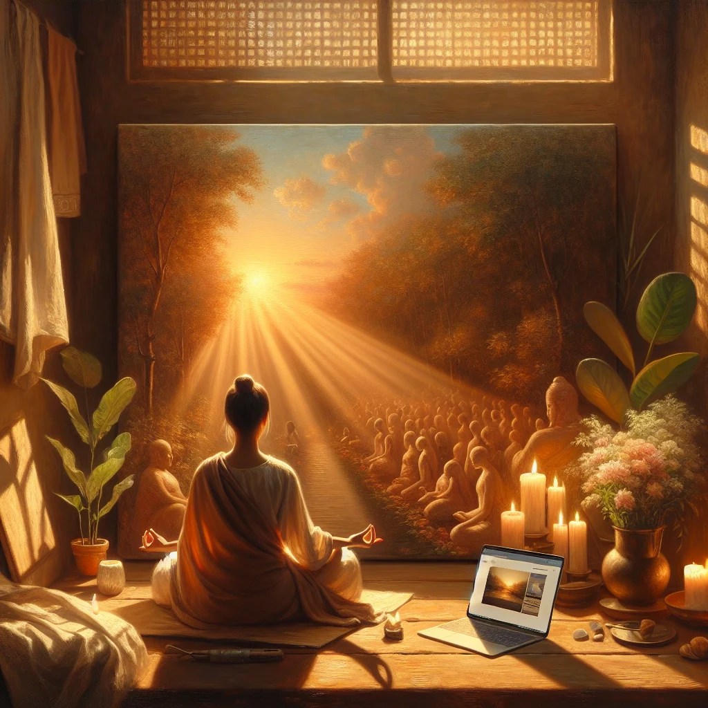 Person practicing mindfulness meditation while using a mindfulness website on laptop