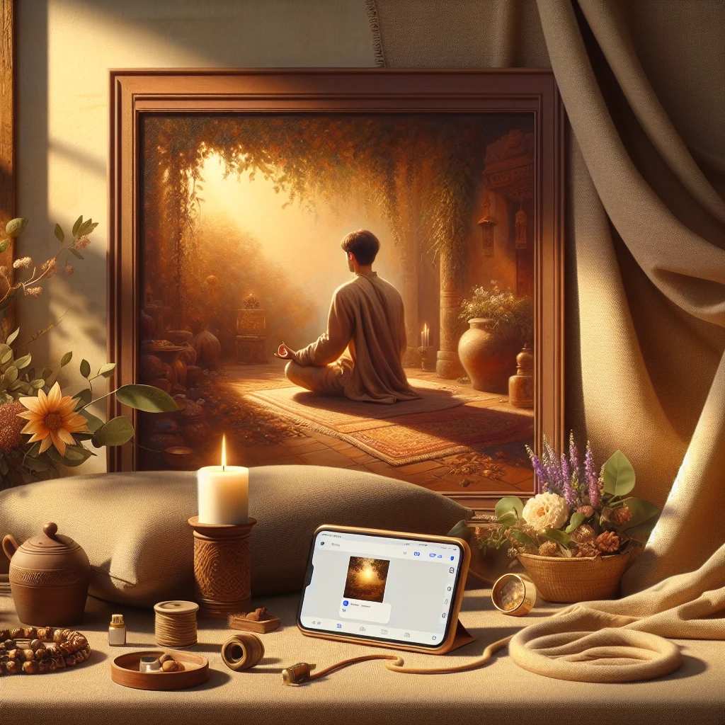 Person practicing mindfulness meditation with smartphone and Twitter app visible on screen