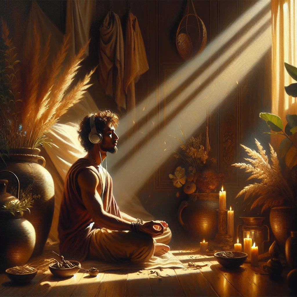 Peaceful person sitting in meditation posture wearing headphones listening to meditation sound