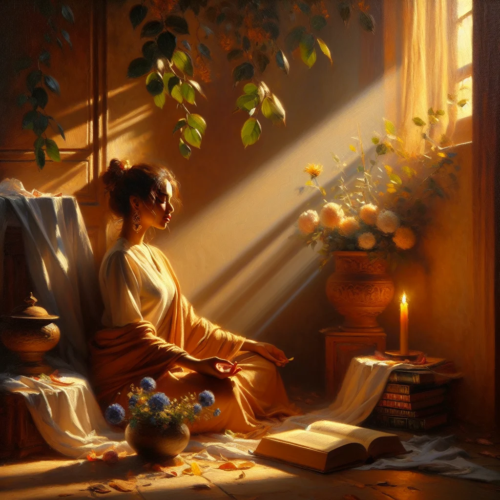 A person practicing guided stoic meditation surrounded by classical philosophy texts in a peaceful setting