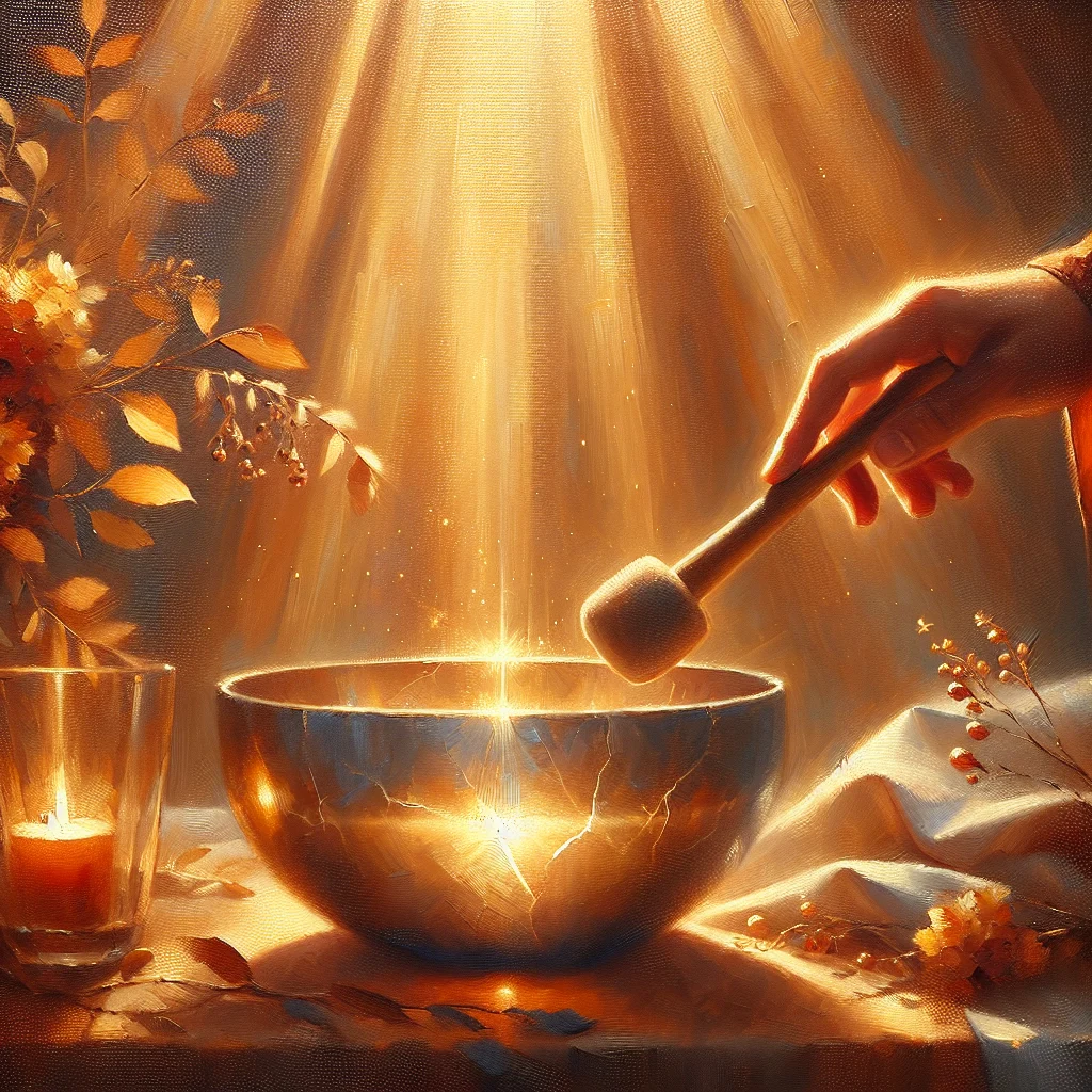 A person's hands gently playing a frosted white crystal singing bowl with a suede-covered mallet during meditation practice