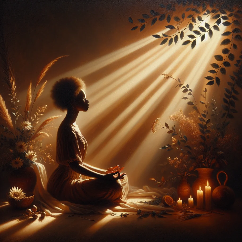 person-practicing-conscious-meditation-peacefully A person sitting in a peaceful meditation posture practicing conscious meditation with eyes closed in a serene environment