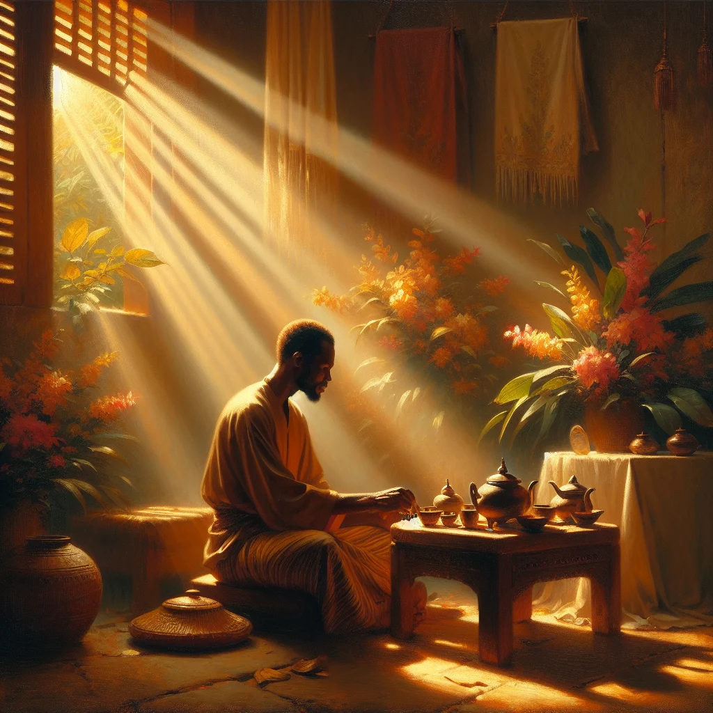 Individual enjoying traditional Malaysian tea ceremony demonstrating slow living principles