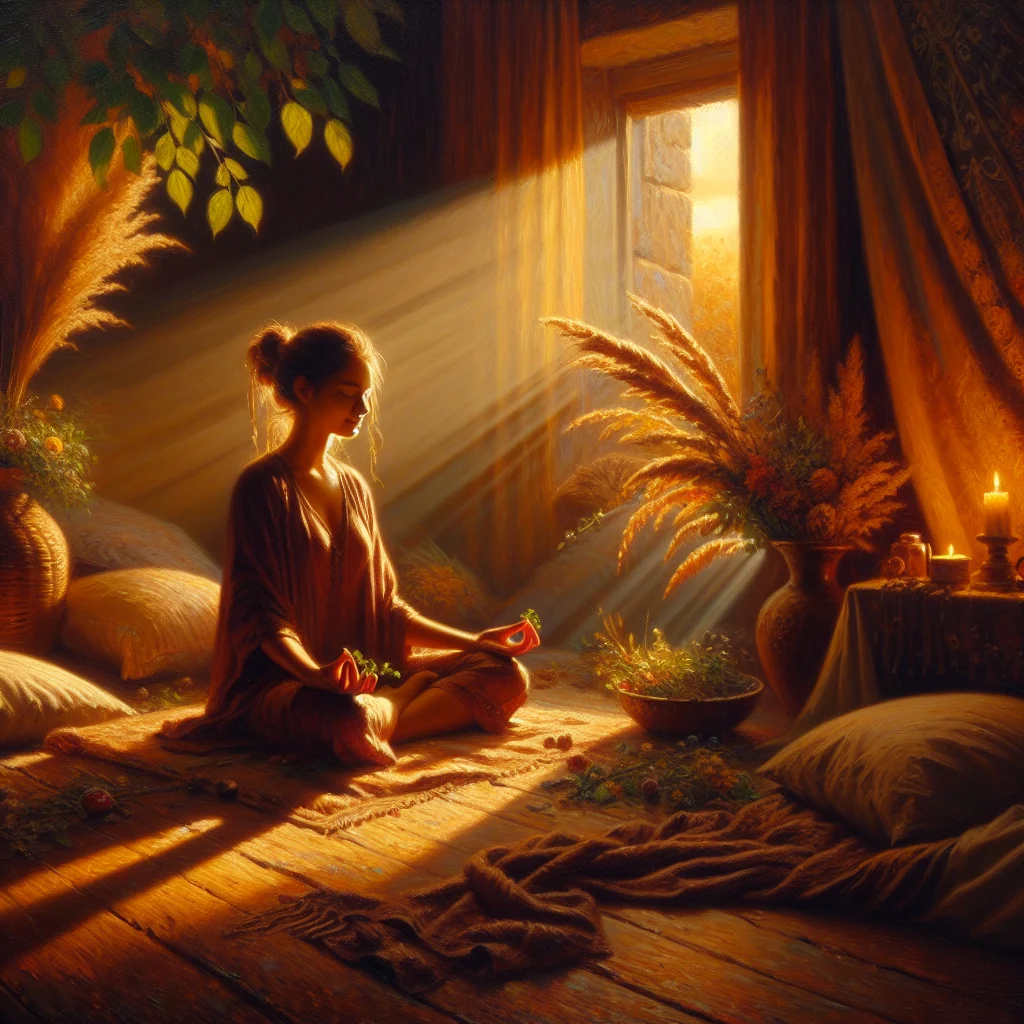 Person sitting peacefully in mindfulness night meditation position in a softly lit bedroom environment