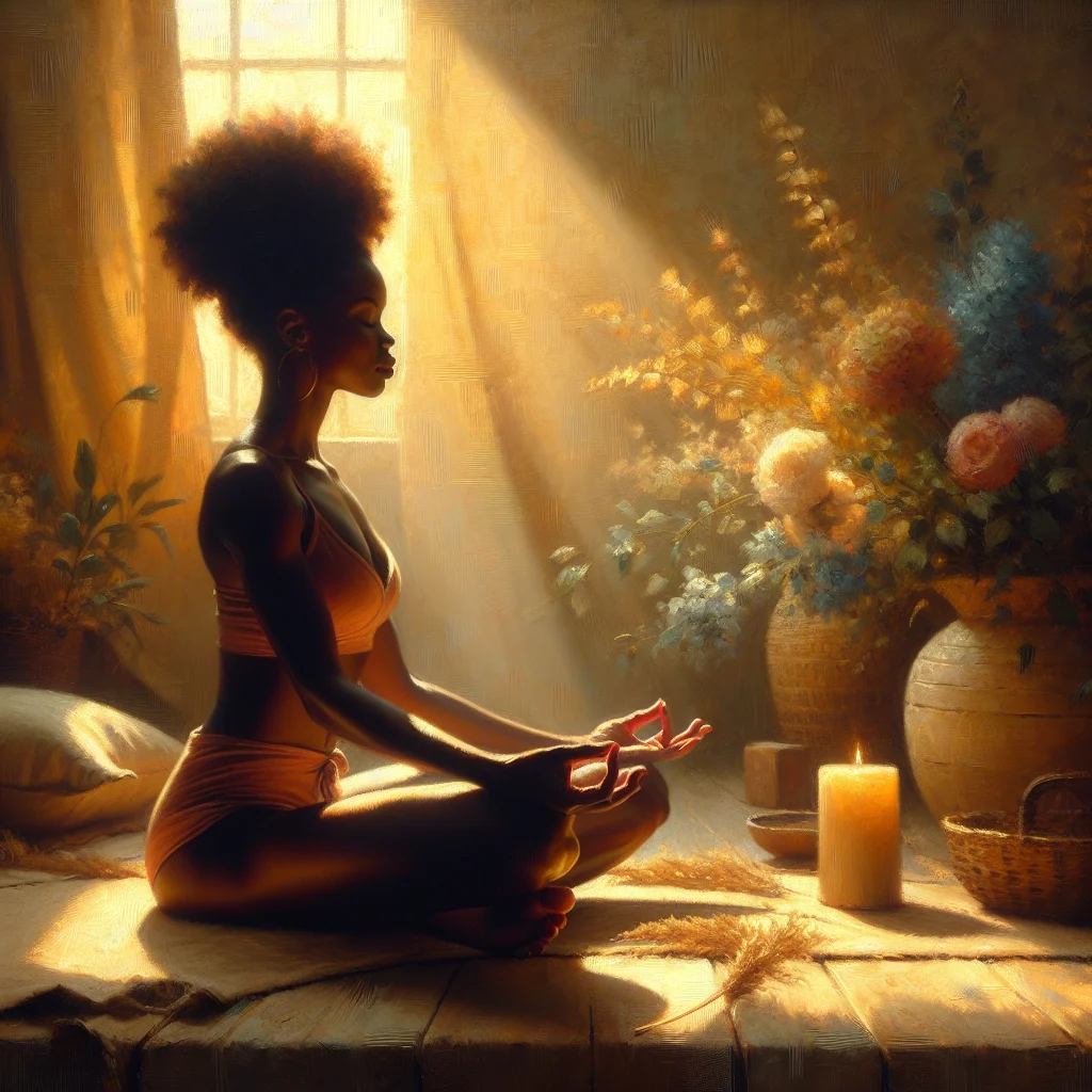 Person sitting in comfortable meditation posture practicing 10 minute mindfulness meditation in a peaceful environment