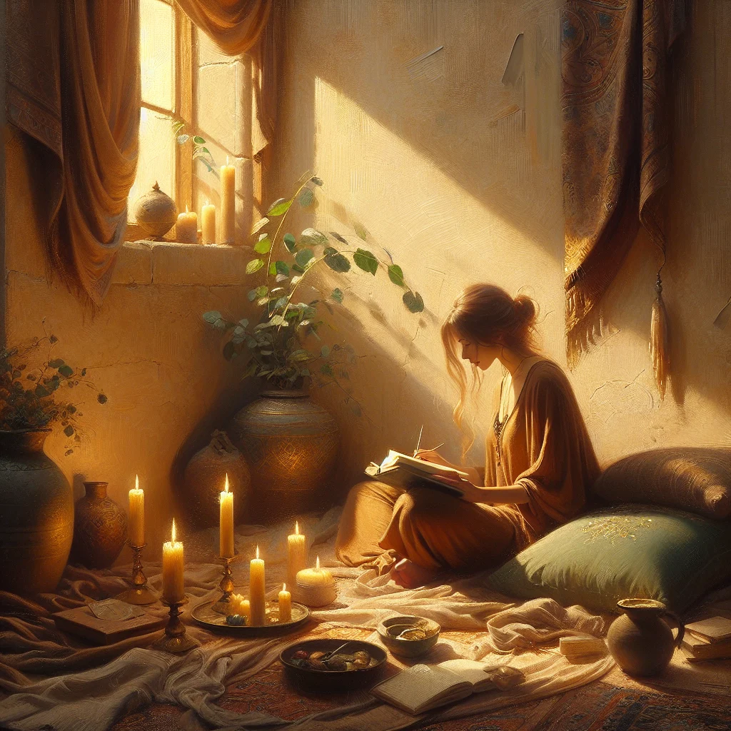 person engaging in total burnout recovery activities like meditation, journaling and relaxation in a peaceful environment