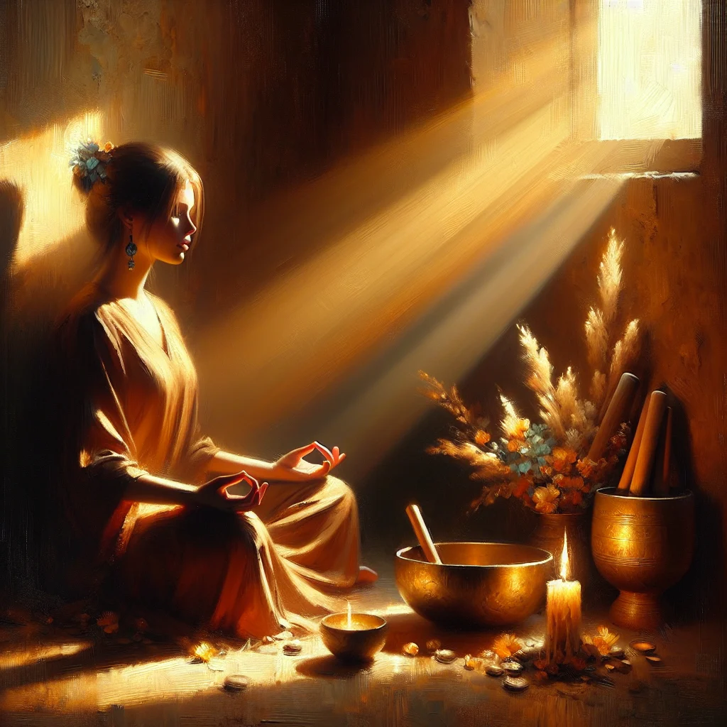 person-practicing-sound-meditation-with-singing-bowls Person practicing sound meditation for anxiety relief with Tibetan singing bowls in peaceful environment