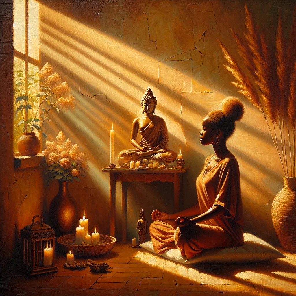 Peaceful home meditation space setup for Tibetan Buddhist guided meditation practice with cushions and simple altar