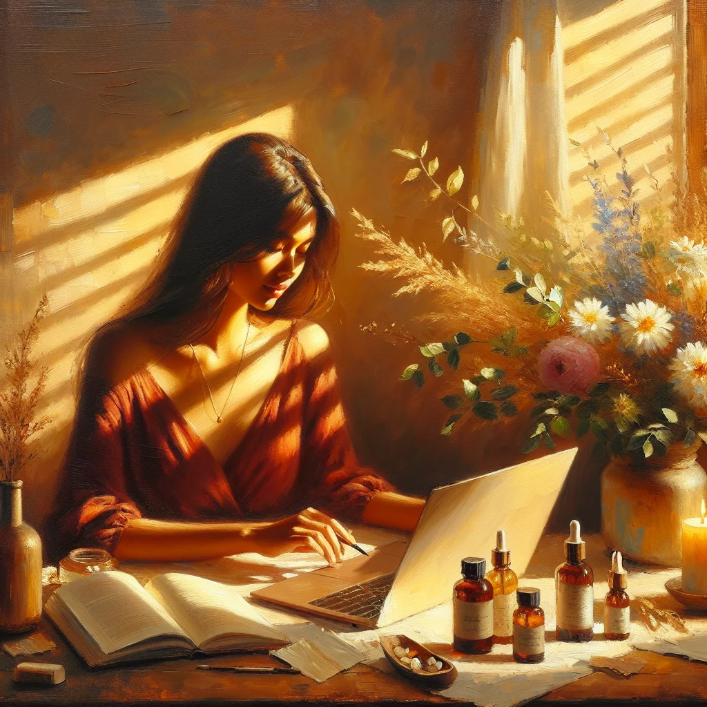 Person reading emotional balance reviews on laptop while taking notes about mental wellness products