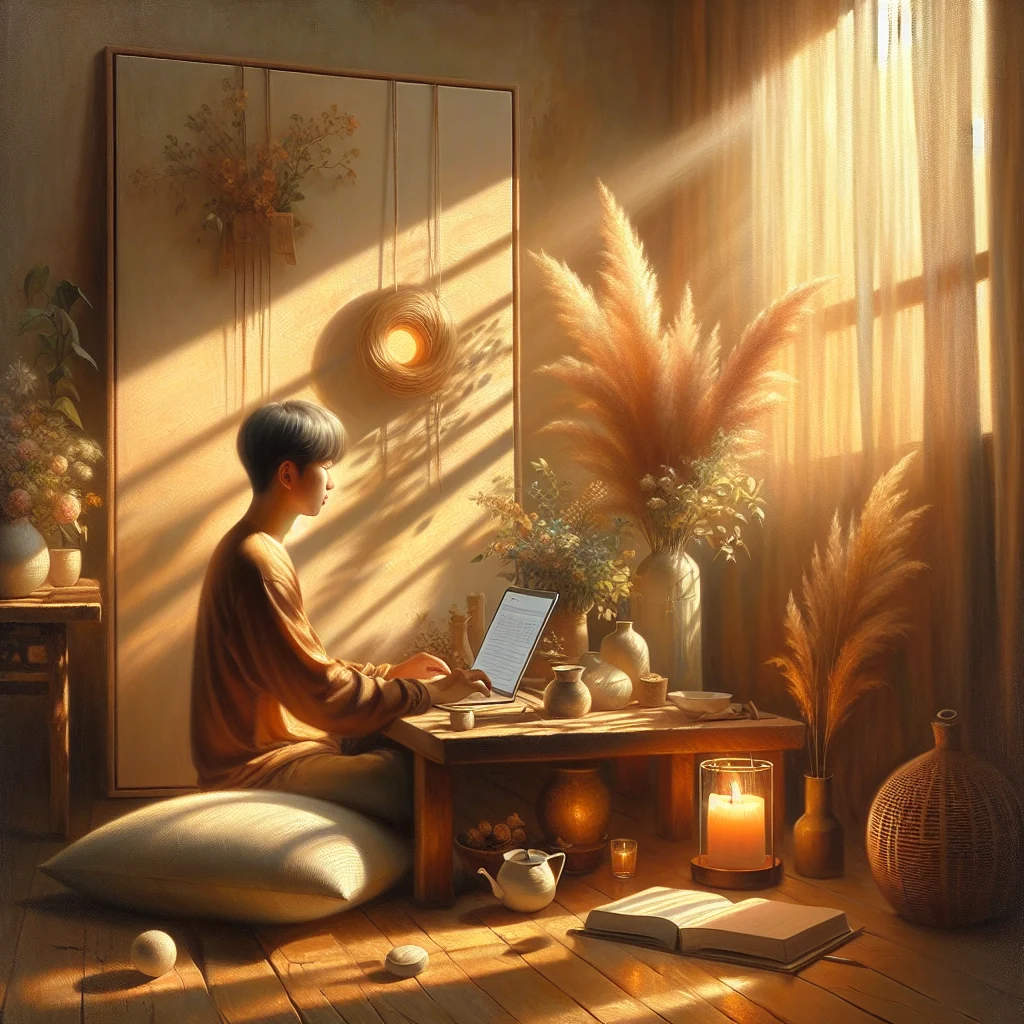 person-reading-meditation-blog-on-laptop Person peacefully reading best meditation blogs on laptop in calm home environment