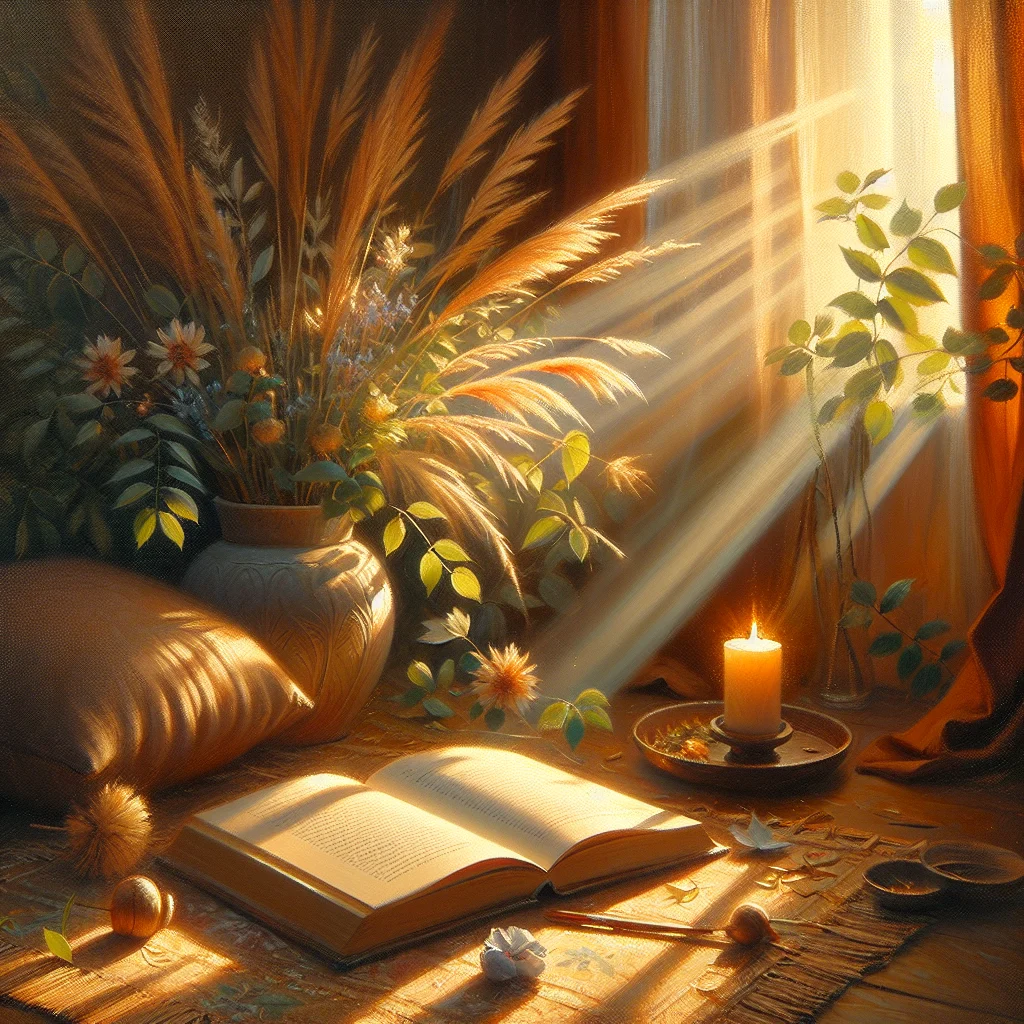 Person reading a self help book about mindfulness in a calm, natural environment with soft lighting