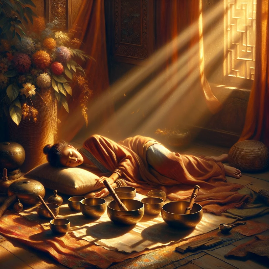 Person lying down peacefully receiving the healing sound therapy with Tibetan singing bowls arranged around their body