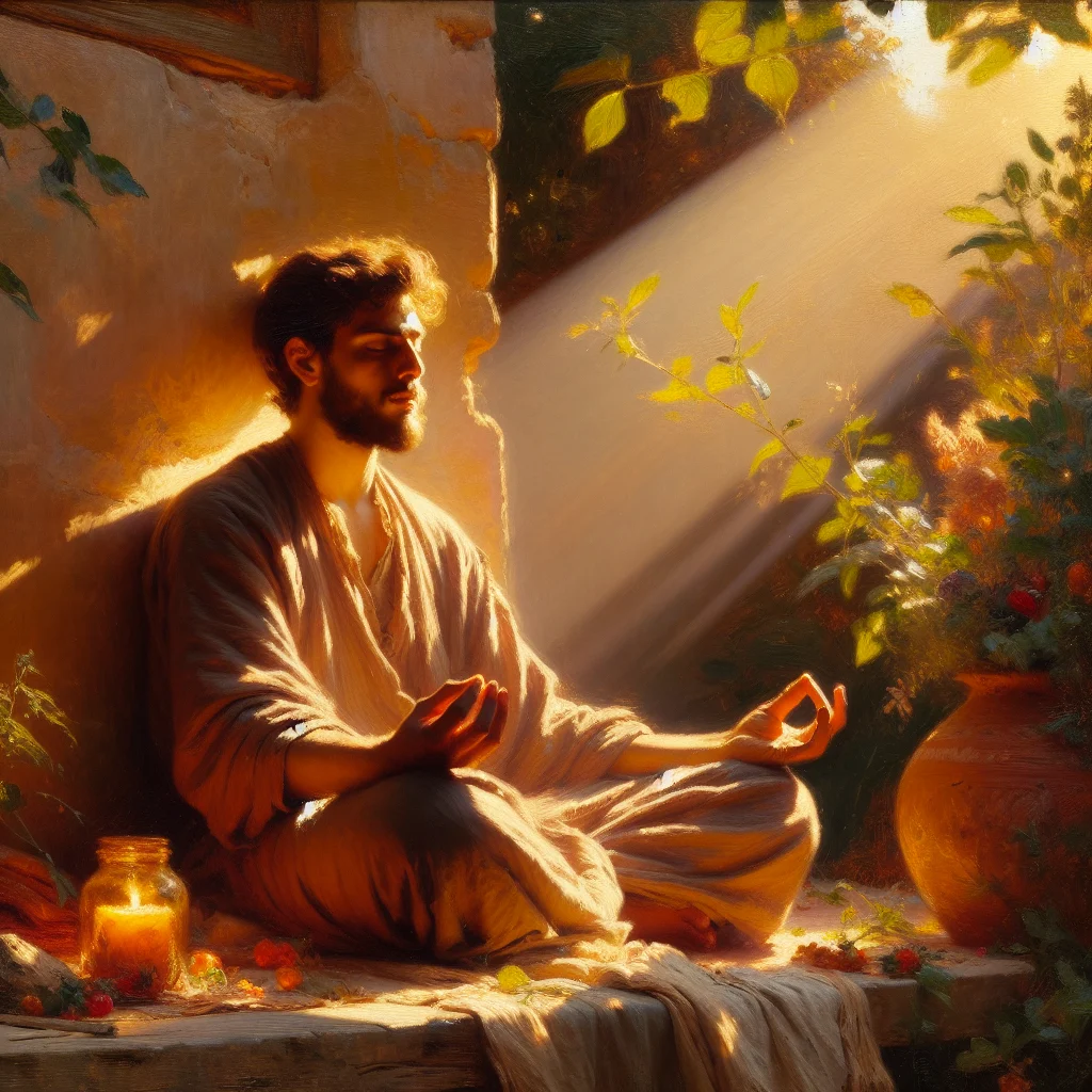 Person practicing mindfulness and recovering from burn-out in peaceful natural setting