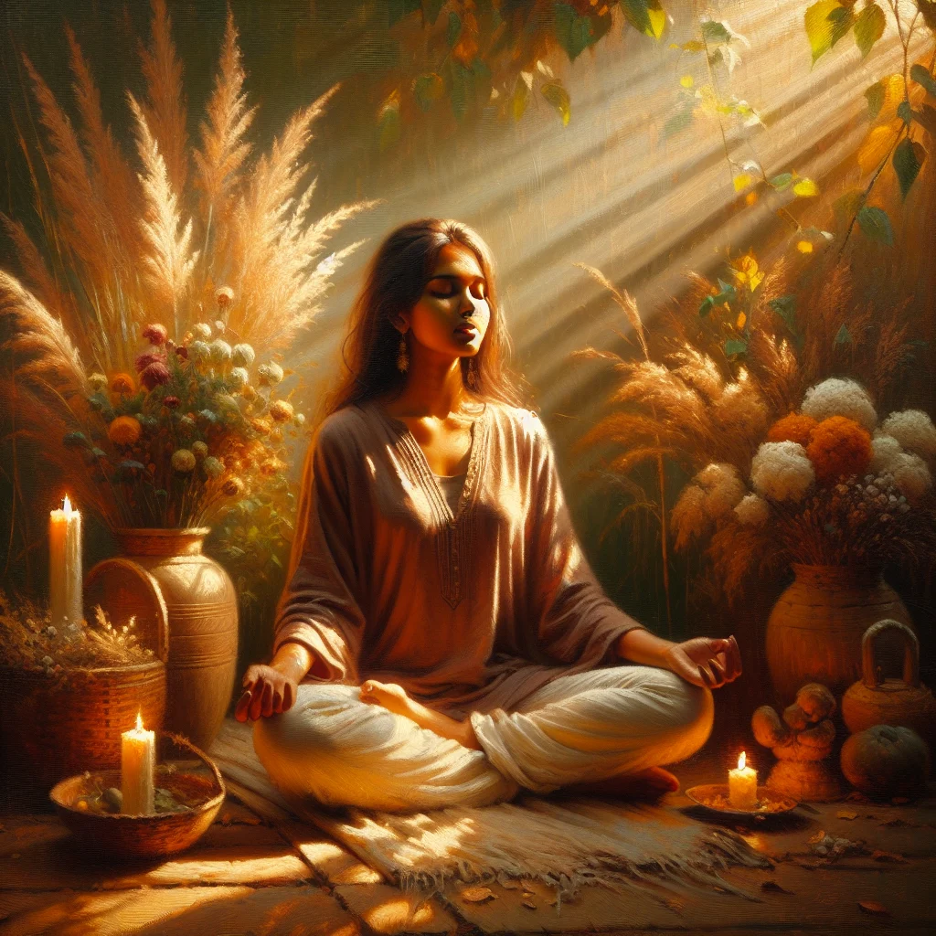 Person practicing calm meditation in a serene natural setting with soft lighting