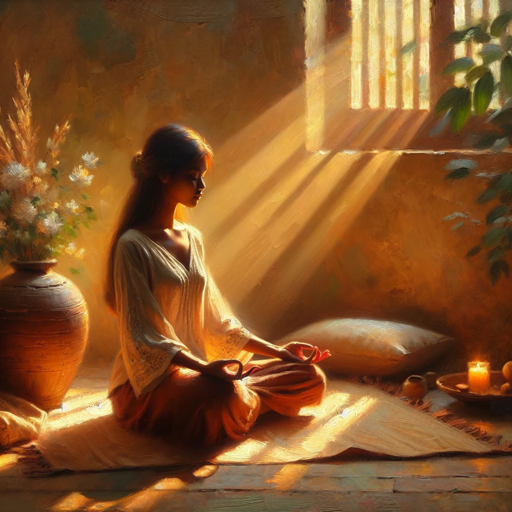 Person sitting in a peaceful meditation posture practicing mindfulness techniques in a calm environment