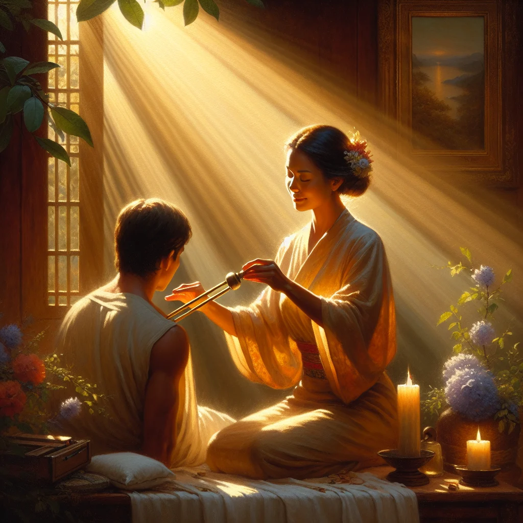 Wellness practitioner applying weighted tuning fork to client's shoulder during sound healing therapy session