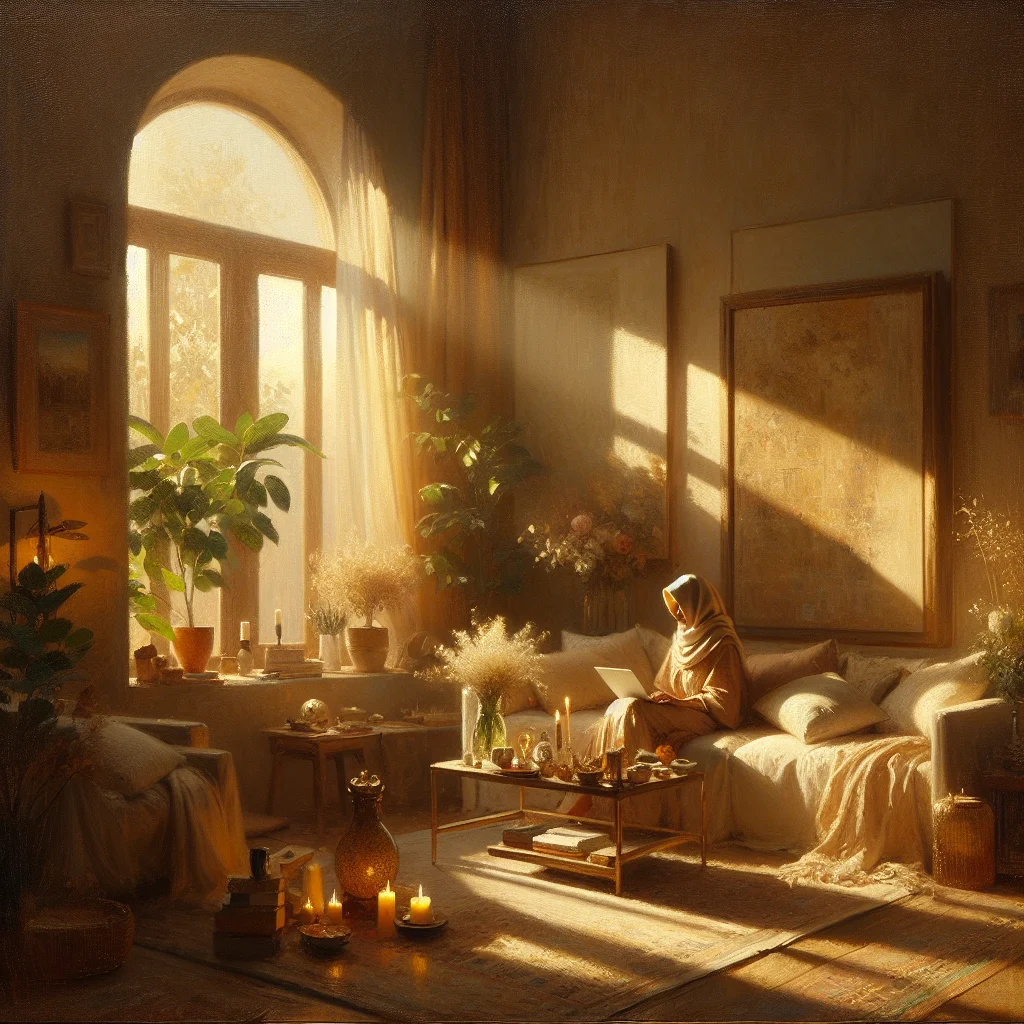 Person relaxing while watching a slow living documentary on a laptop in a cozy minimalist room