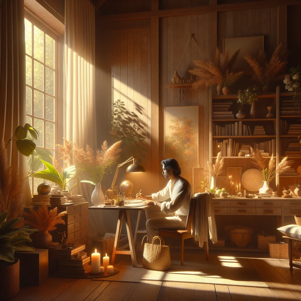 Professional working peacefully at a minimalist desk implementing slow living and work principles