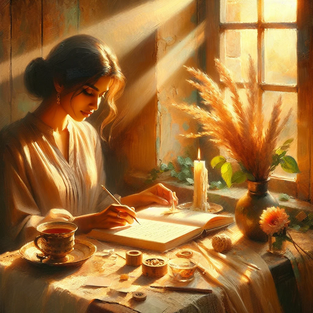 Person thoughtfully writing in a healing shame workbook with gentle morning light