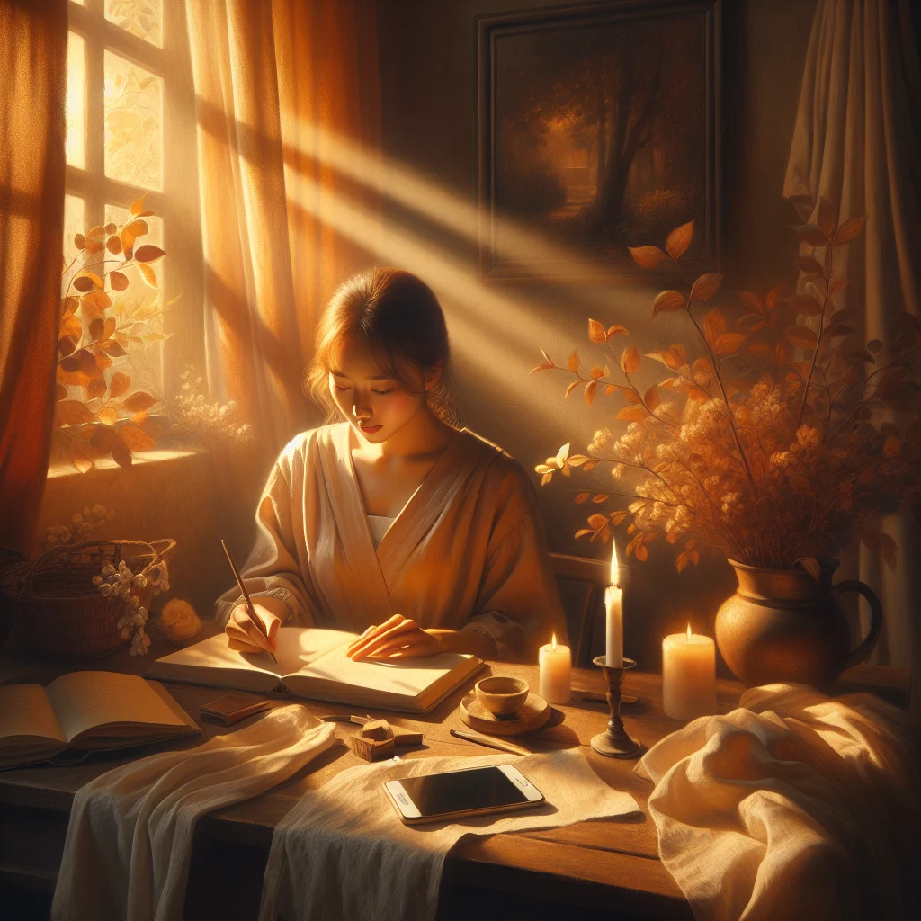 person-writing-in-journal-beside-smartphone Person writing thoughtfully in a digital detox journal next to their smartphone and laptop