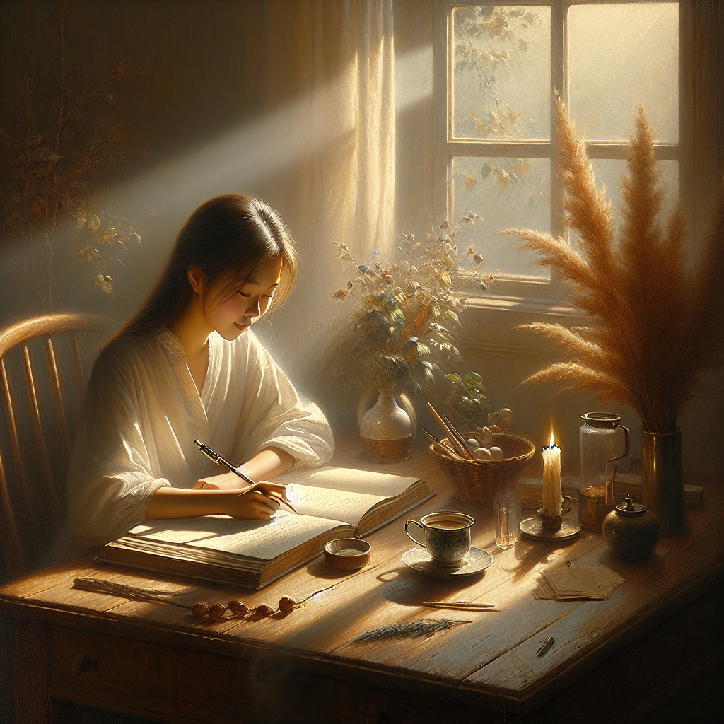 person-writing-in-journal-with-morning-coffee Person sitting at a peaceful desk writing in a journal with morning coffee and natural lighting