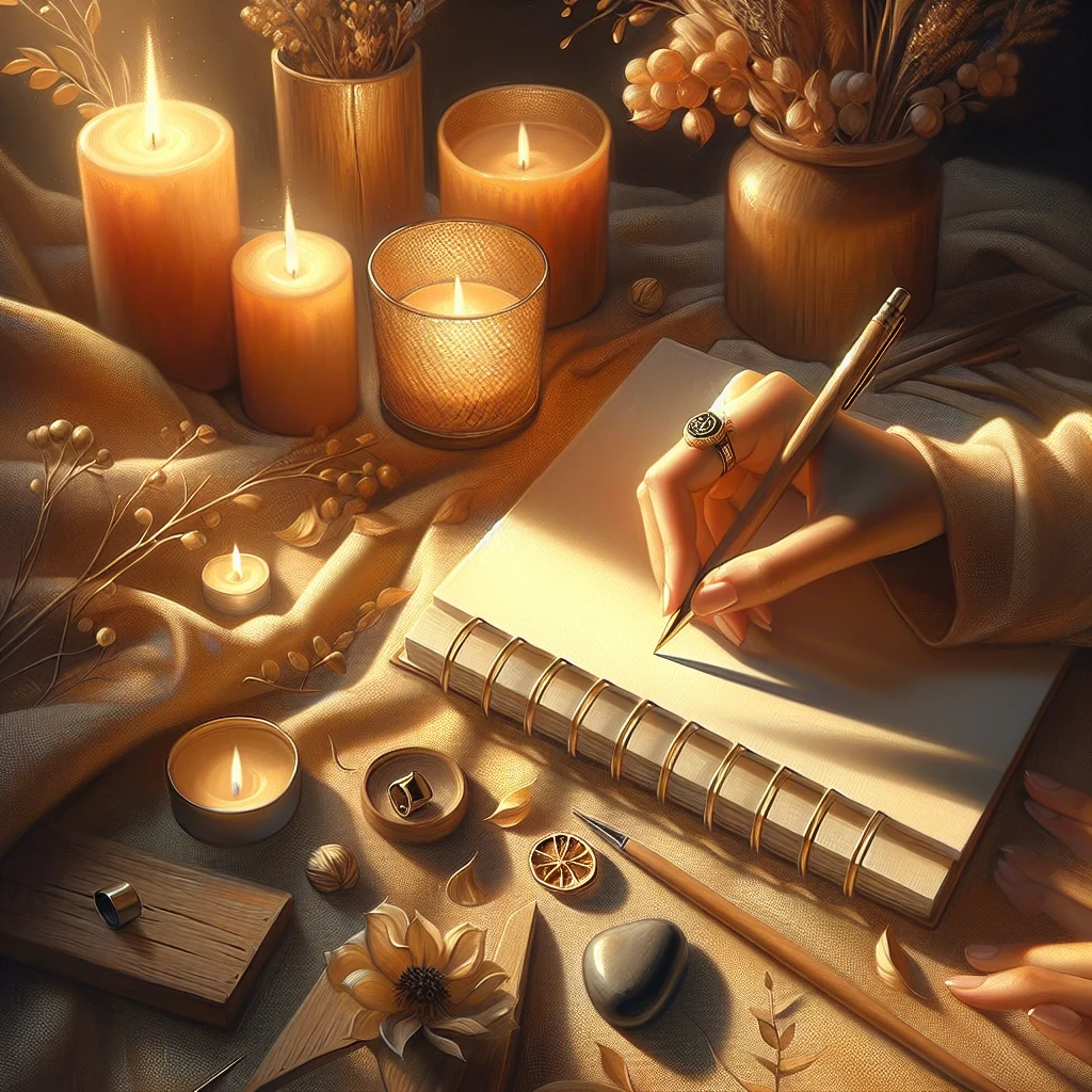 Person's hands writing thoughtfully in a slow living planner surrounded by candles and natural elements