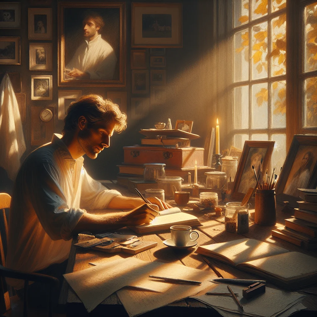 Person writing in a personal life journal with coffee and memories scattered on desk