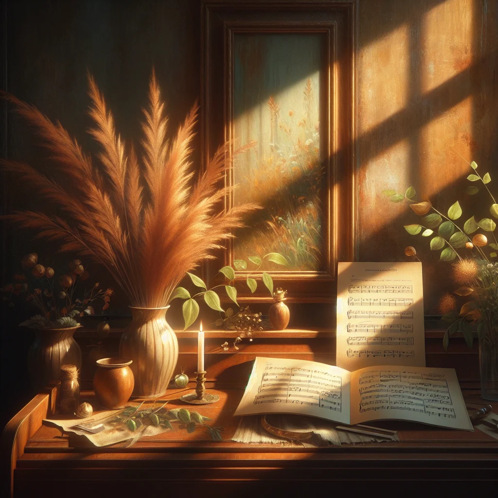 Slow living piano sheet music on a wooden piano with natural morning light streaming through a window