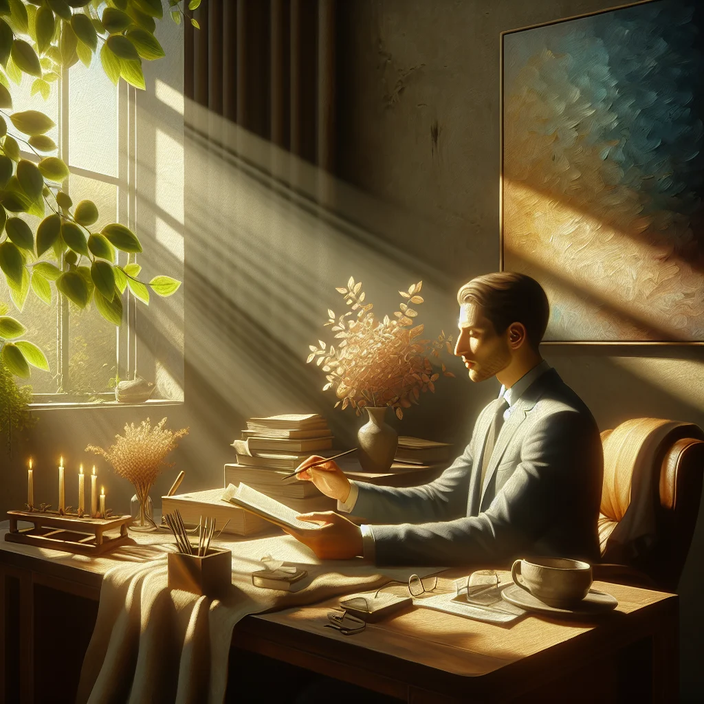 professional-managing-stress-workplace Professional demonstrating emotional balance while managing workplace stress at their desk