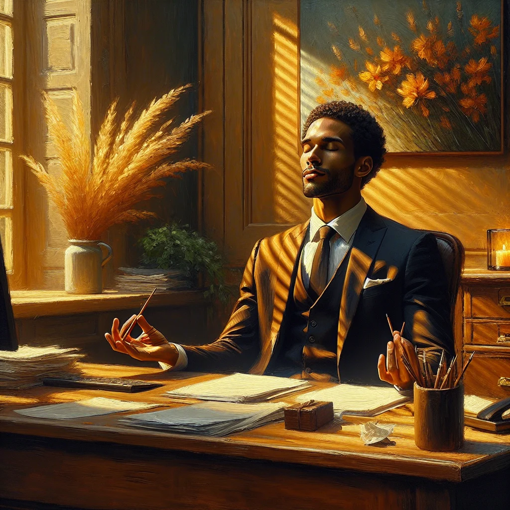 Professional practicing mindfulness meditation at workplace desk during break