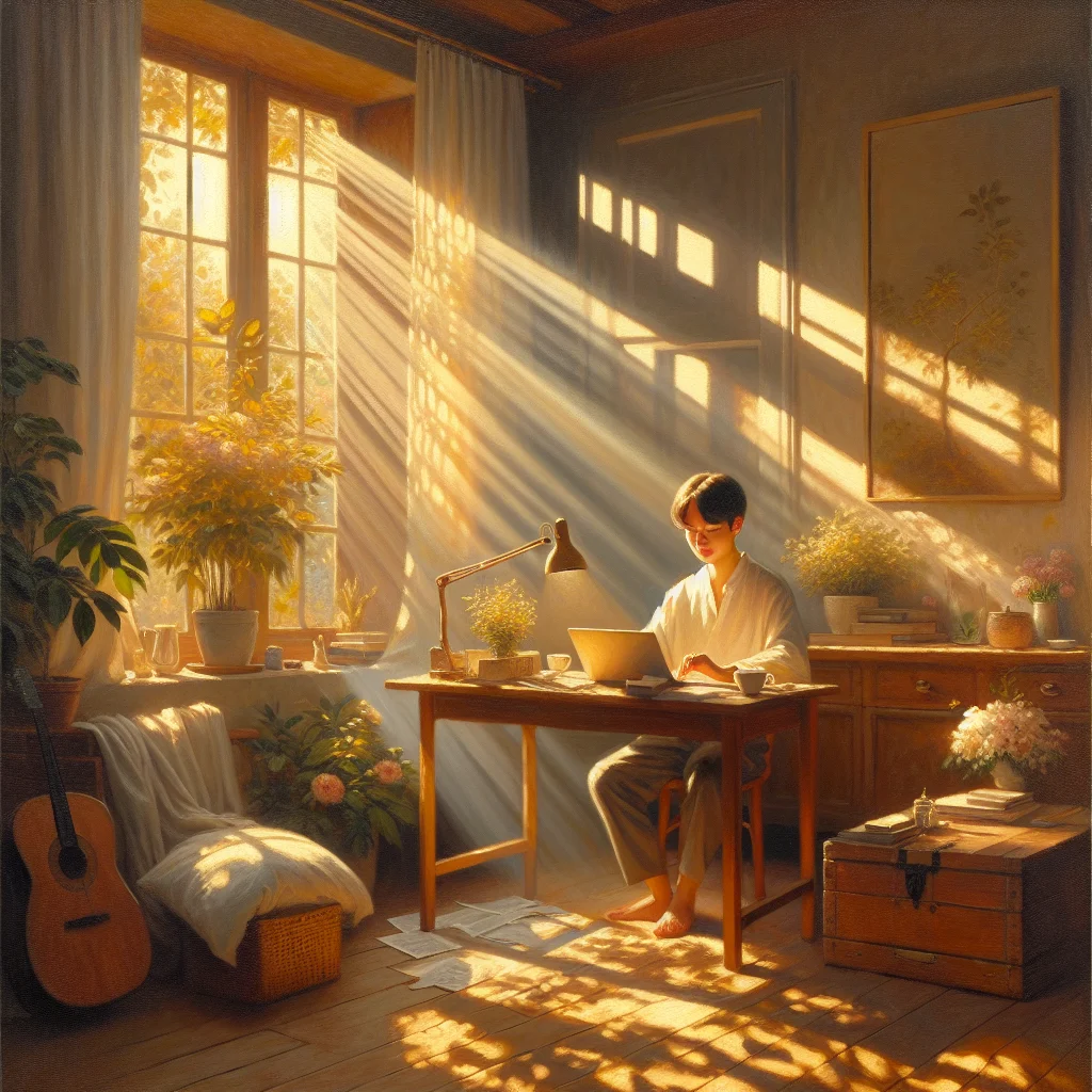 remote-professional-working-from-peaceful-home-office Professional working remotely from a peaceful home office environment embracing slow living career