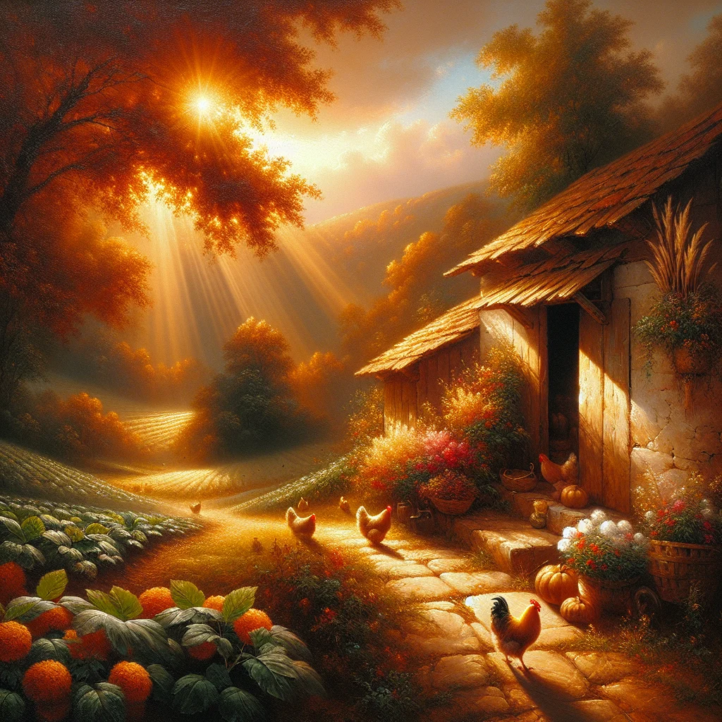 Country slow living farmhouse surrounded by vegetable gardens and rolling hills