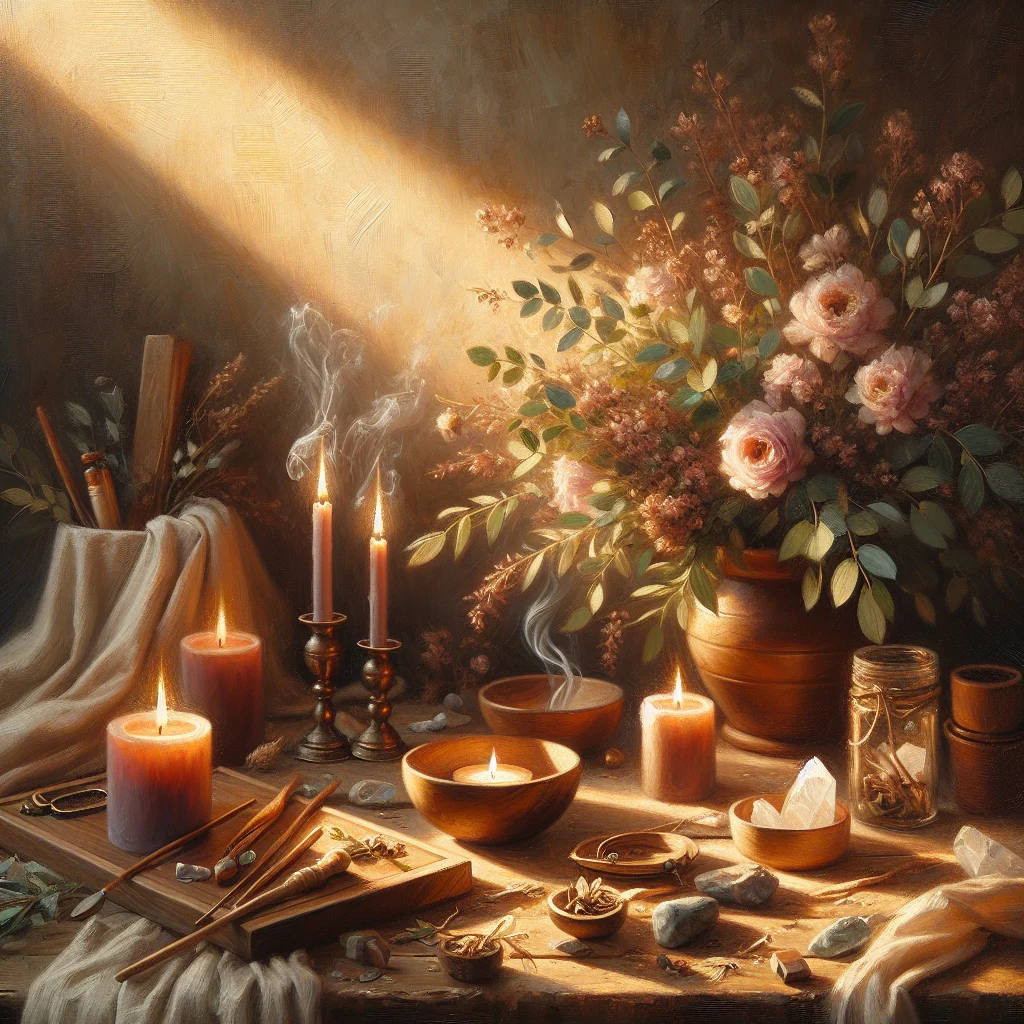 sanacion-espiritual-ceremony-with-candles Traditional Spanish spiritual healing ceremony with candles, herbs, and healing elements arranged on a wooden table