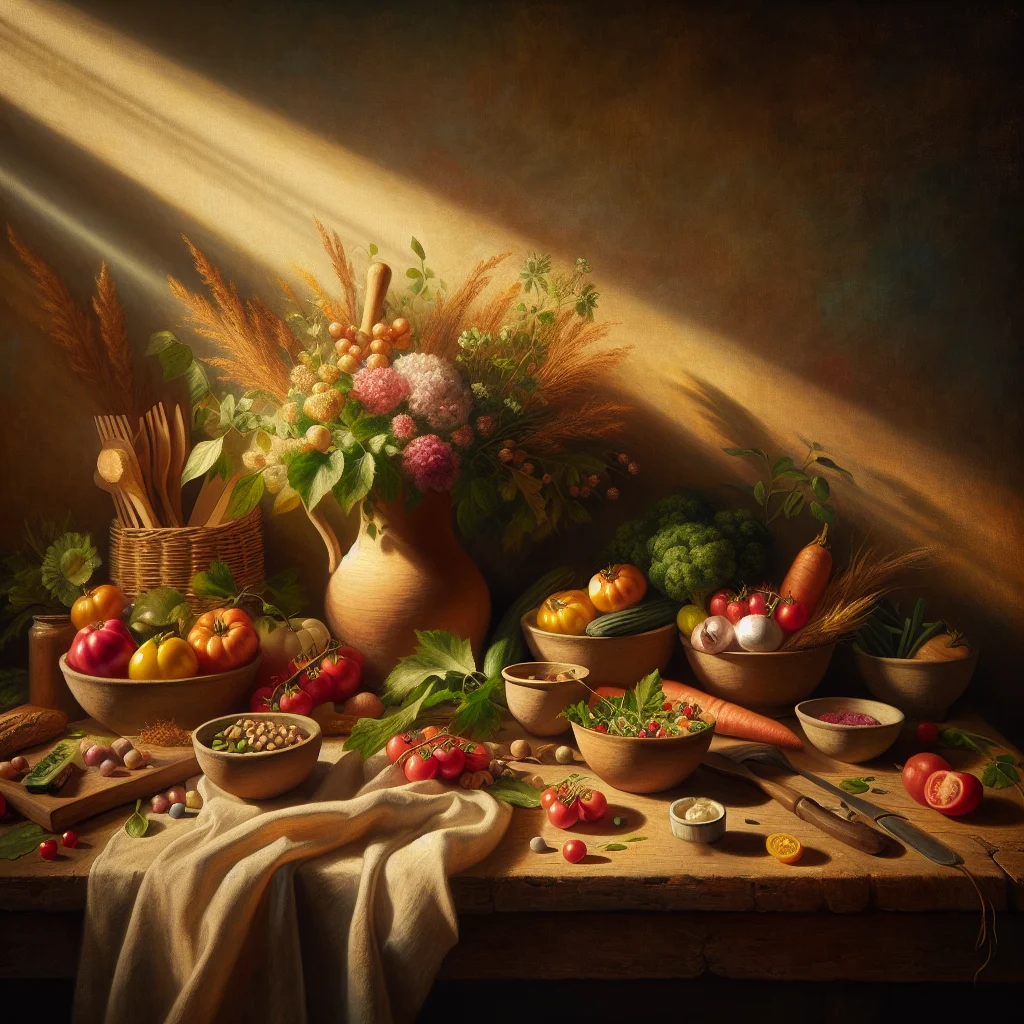 Arrangement of seasonal vegetables and ingredients for slow living recipes on a rustic table