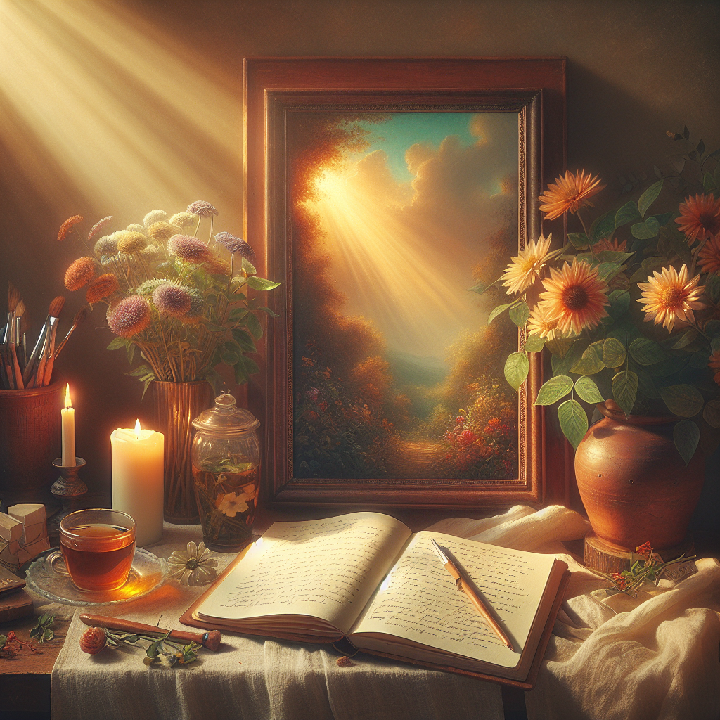 An open journal with self-love reflections beside a cup of tea and flowers representing the self love practice