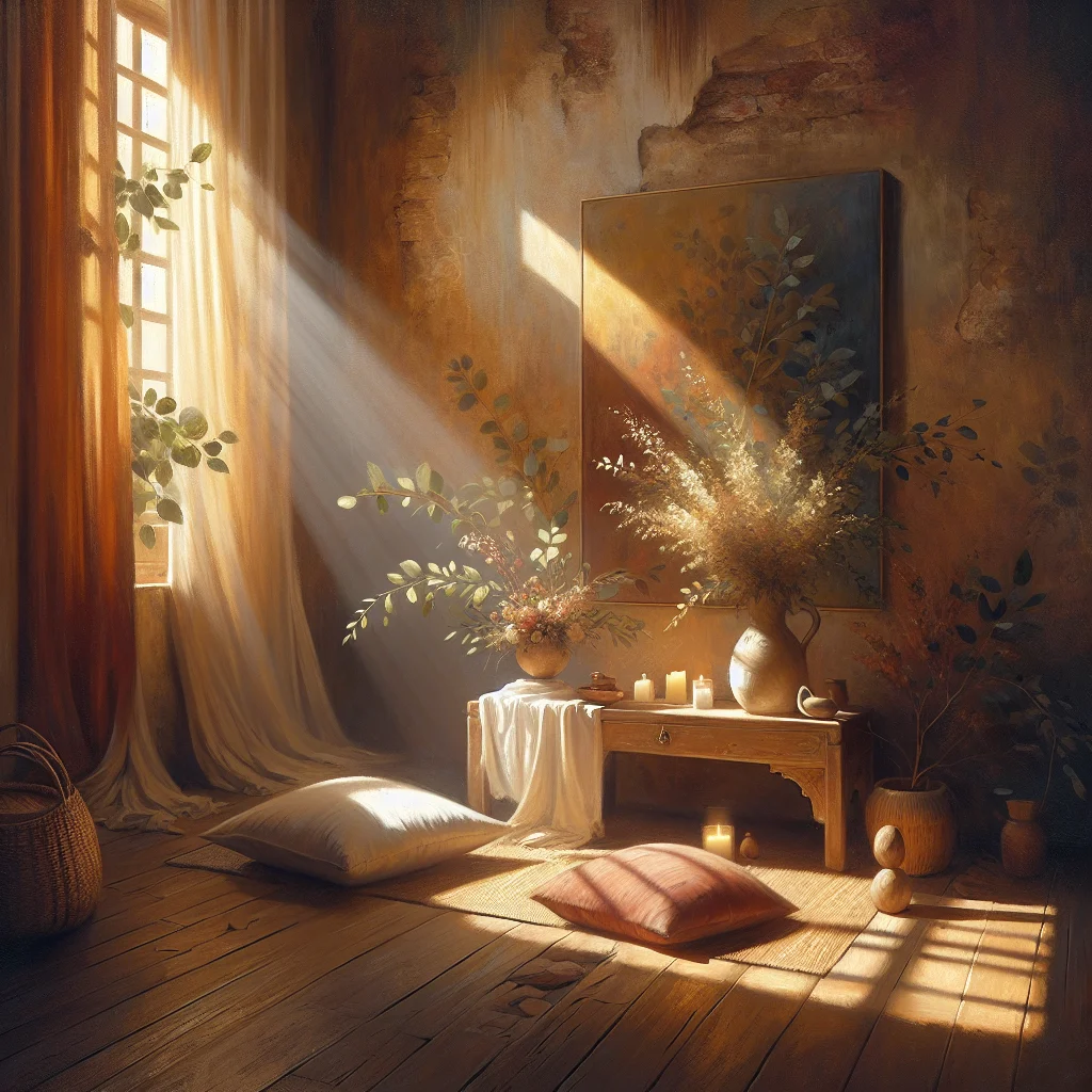 serene-meditation-space-with-natural-elements A tranquil meditation space set up for conscious meditation practice with cushions and natural lighting creating a calm atmosphere